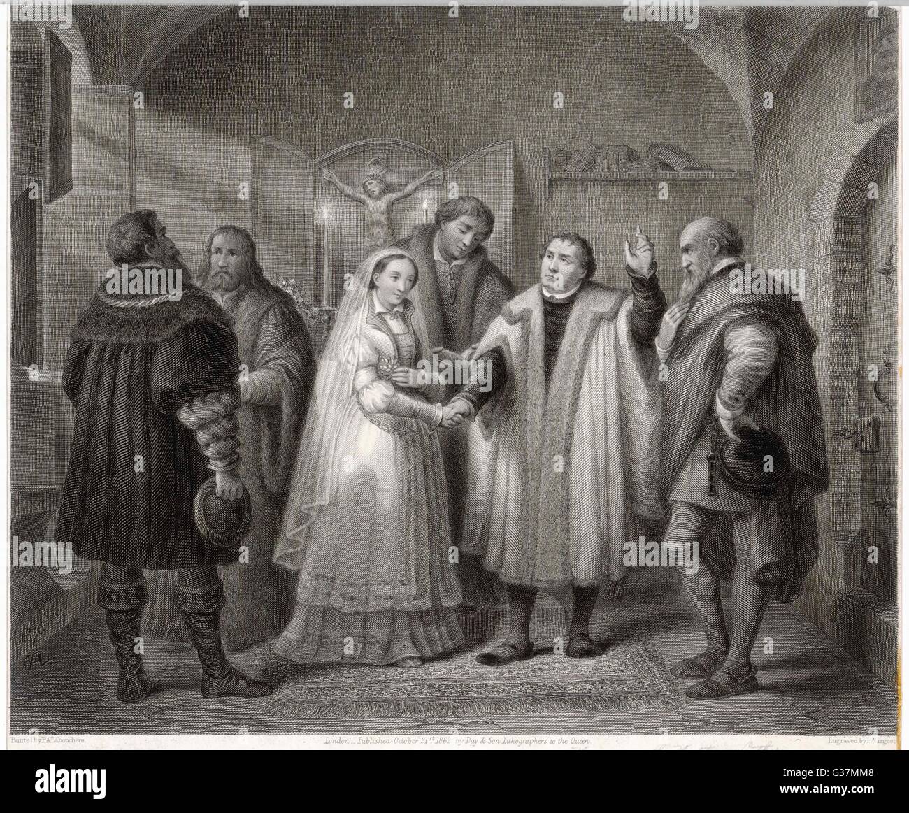 MARTIN LUTHER -Religious reformer marries Katharine von Borna in Amsdoff's House,Wittenberg.       Date: 1525 Stock Photo