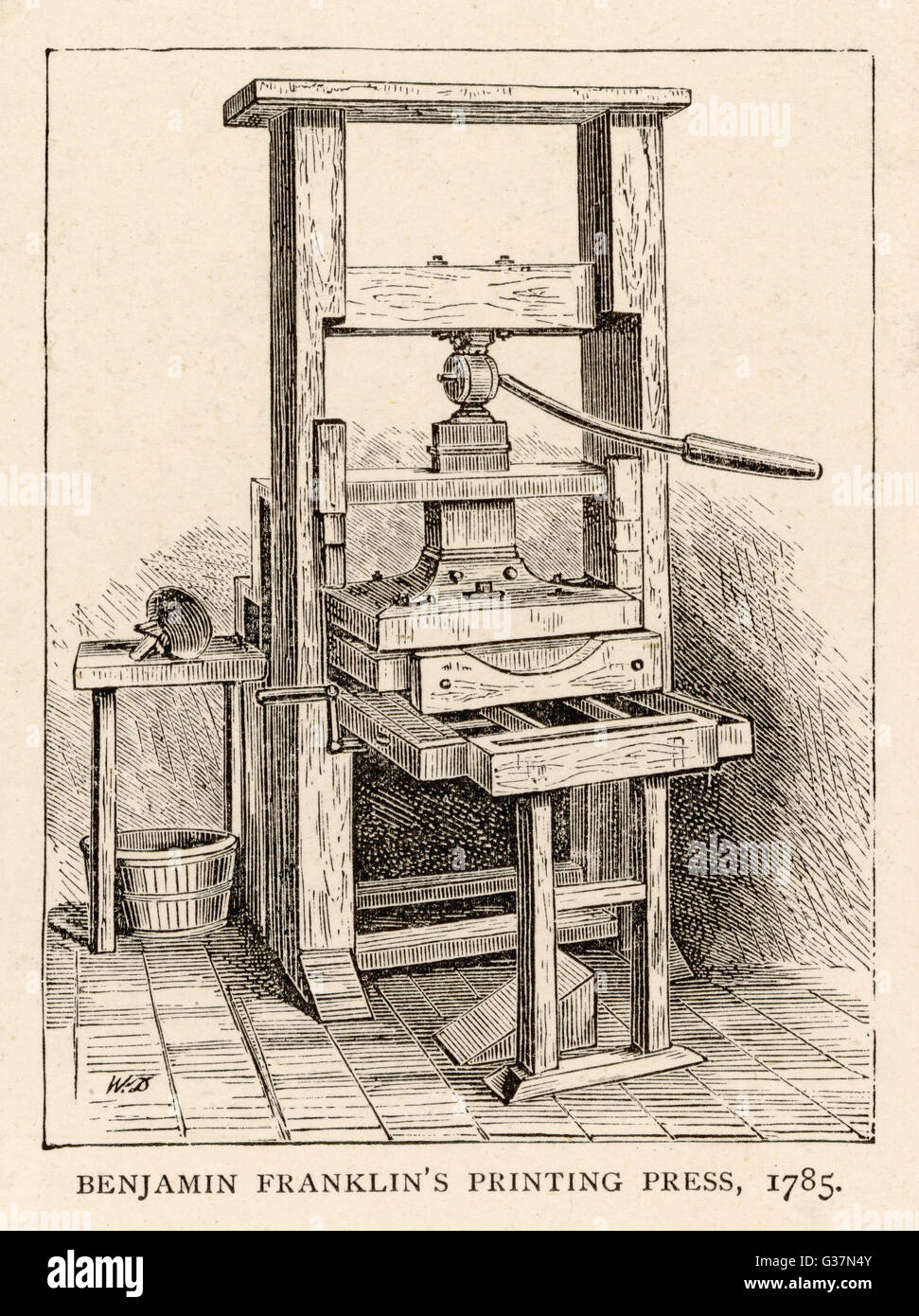Benjamin Franklin's printing  press         Date: 1785 Stock Photo