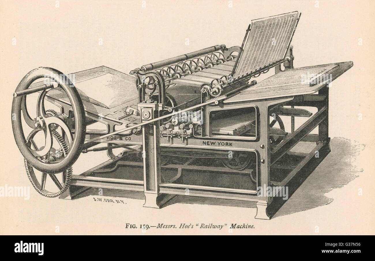 Hoe's Railway printing machine         Date: circa 1870 Stock Photo