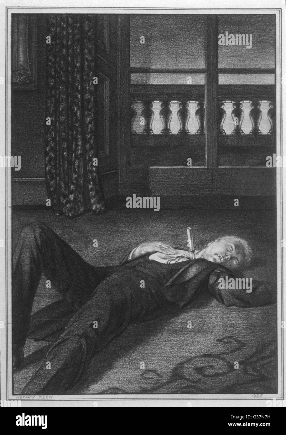 Dorian Gray lies dead with a  knife in his heart.         Date: First published: 1891 Stock Photo
