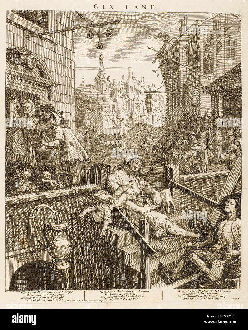 Political  print of Gin Lane  supporting a ministerial  measure against the unlimited  sale of gin.  The pawnbrokers, gin cellar and distillery are  now flourishing.     Date: February 1750/1 Stock Photo