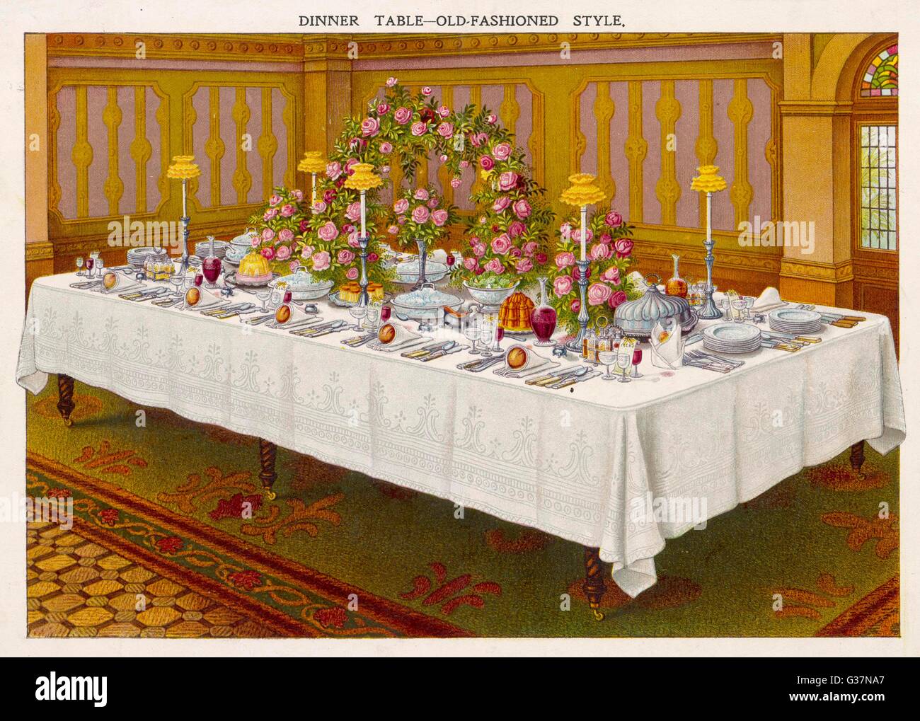 DINNER TABLE A LA FRANCAISE or laid in the 'Old-Fashioned'  style        Date: circa 1890 Stock Photo