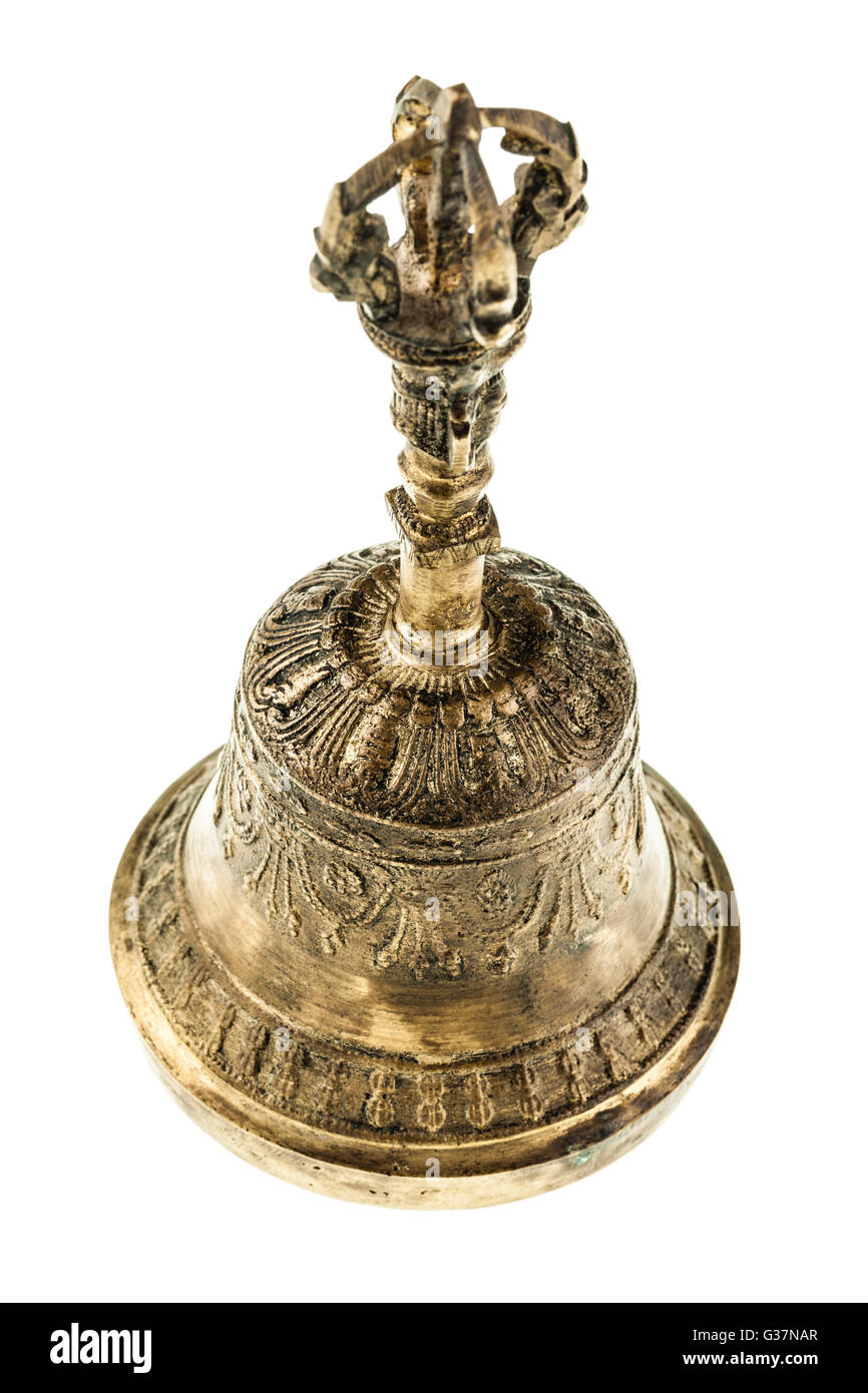 a bronze buddhist hand bell isolated over a white background Stock Photo