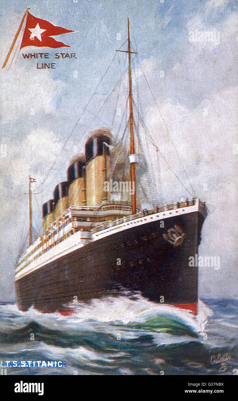 RMS Titanic, passenger liner of the Cunard  White Star line; she is the largest and most luxurious ship afloat : thanks to her well-designed interior, she is considered practically unsinkable. (T.S.S. on the postcard stands for triple-screw steamer.) Stock Photo