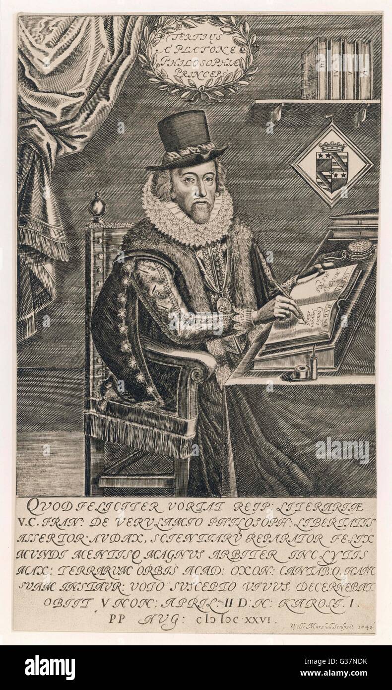 LORD FRANCIS BACON Viscount St Albans  English philosopher and author  and statesman writing at desk      Date: 1561 - 1626 Stock Photo