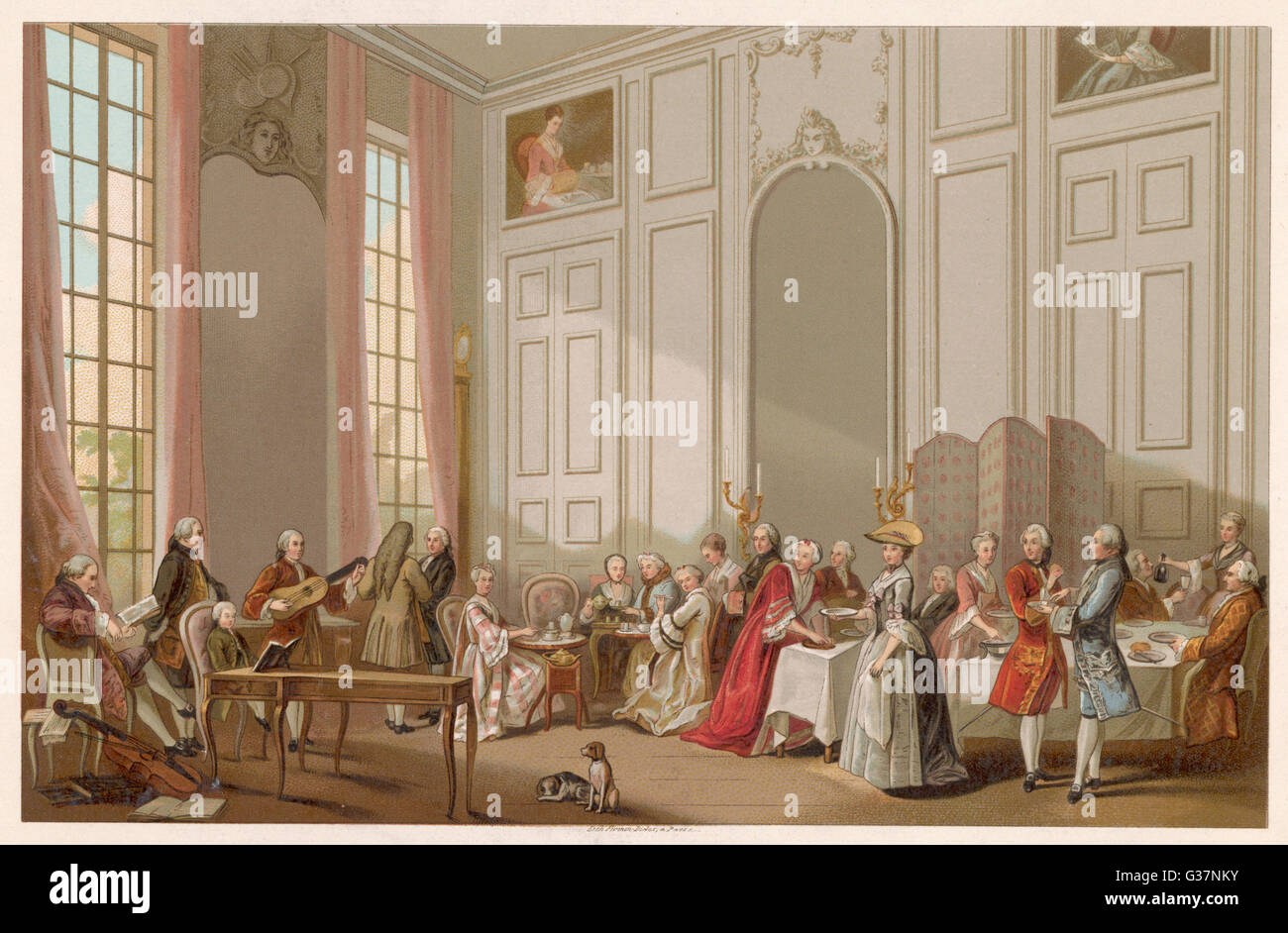 WOLFGANG AMADEUS MOZART performing at a The a l'Anglaise,  chez le Prince de Conti, Paris         Date: 1756 - 1791 Stock Photo
