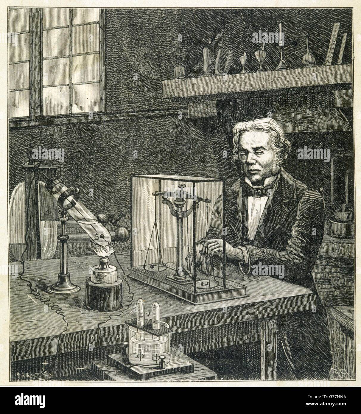 Michael Faraday -  English scientist  establishing the fundamental  law of electrolysis.       Date: circa 1830 Stock Photo
