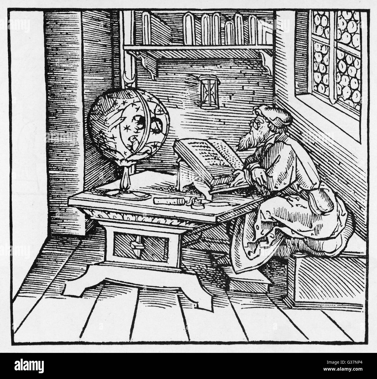 A scholar studies a celestial globe         Date: circa 1500 Stock Photo