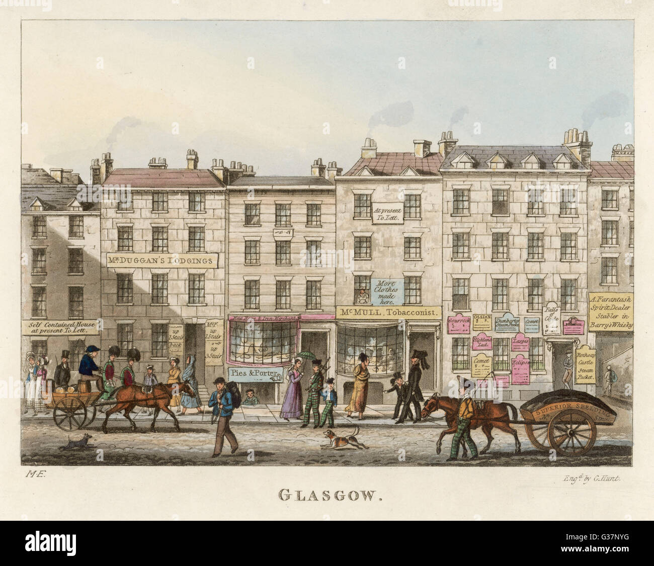 Street Scene In Glasgow In The Early 19th Century With Shops And