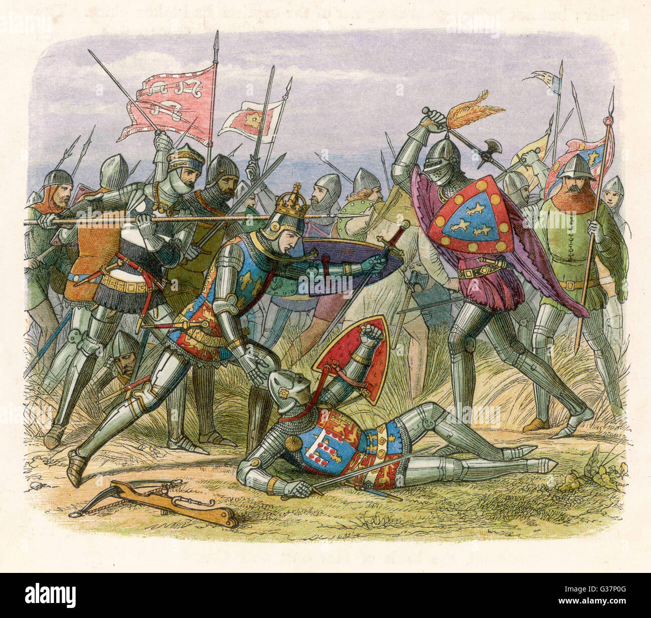 Henry V leads the English to  victory at Agincourt,  defeating an army four times  as large : the French lost  8000, the English 400 during the hundred years war     Date: 1415 Stock Photo