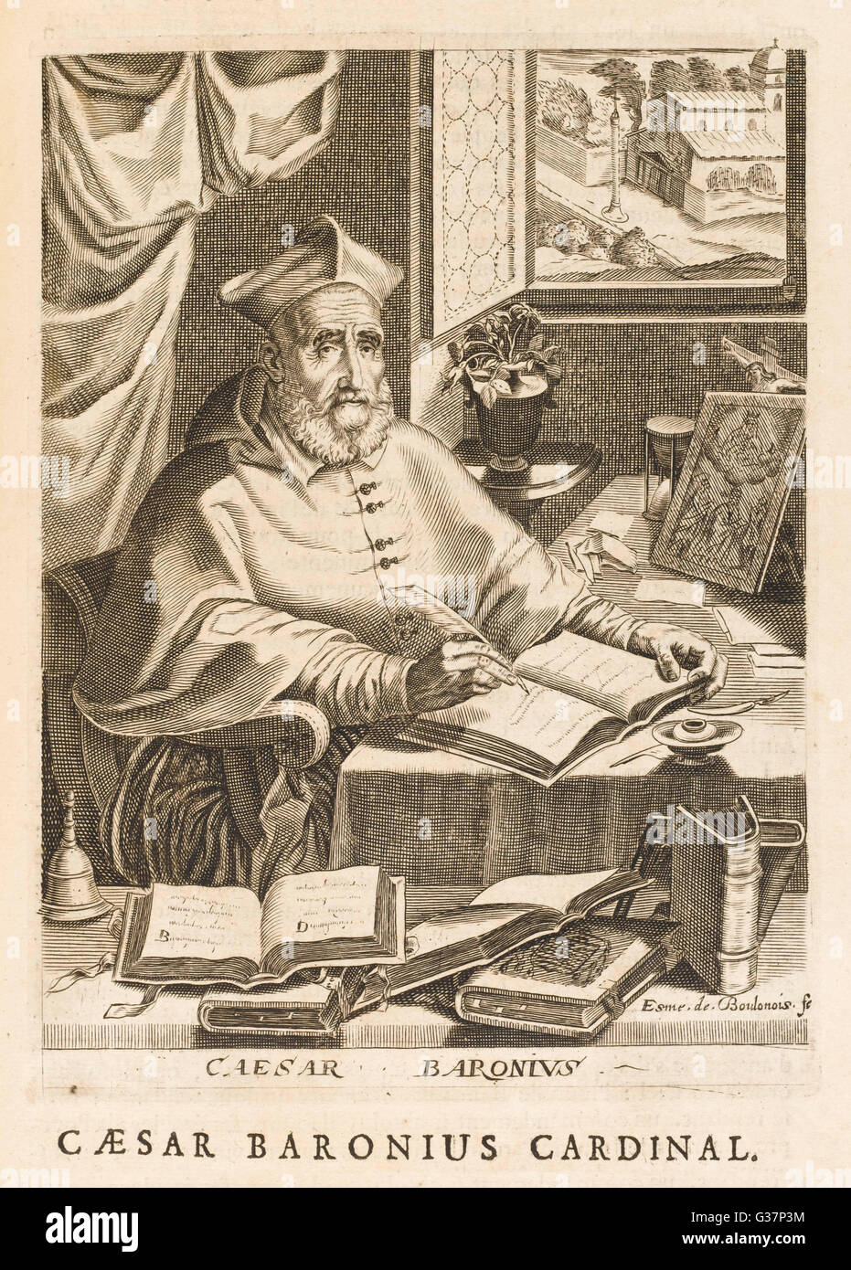 Cesare Baronio, an Italian ecclesiastical historian writing with a quill.     Date: circa 1600 Stock Photo