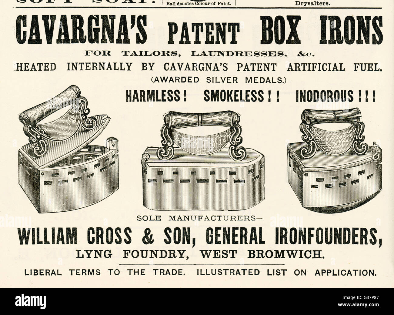 Advert for Cavargna's patent Box Irons 1888 Stock Photo
