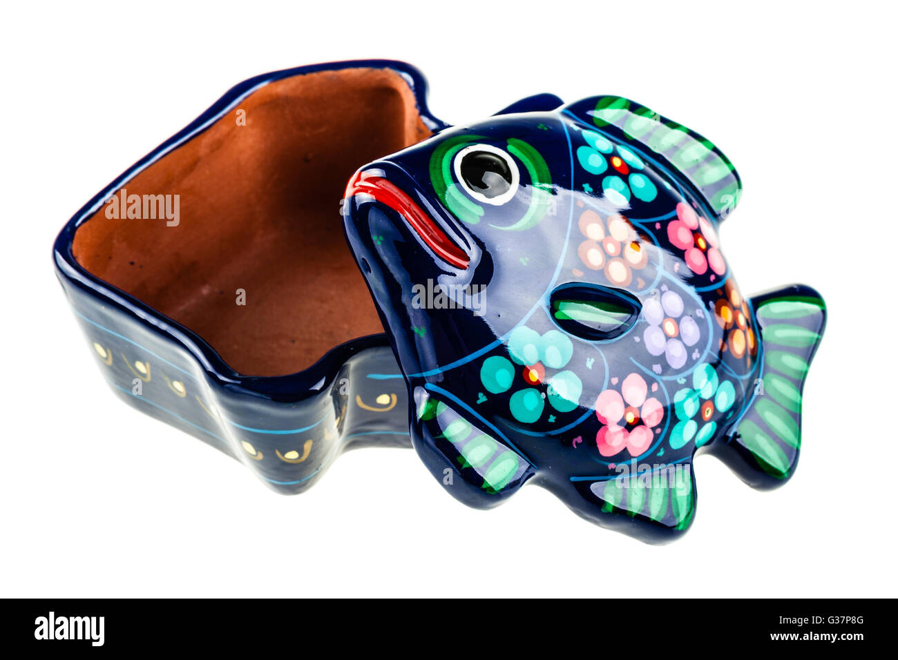a fish shaped ceramic box isolated over a white background Stock Photo