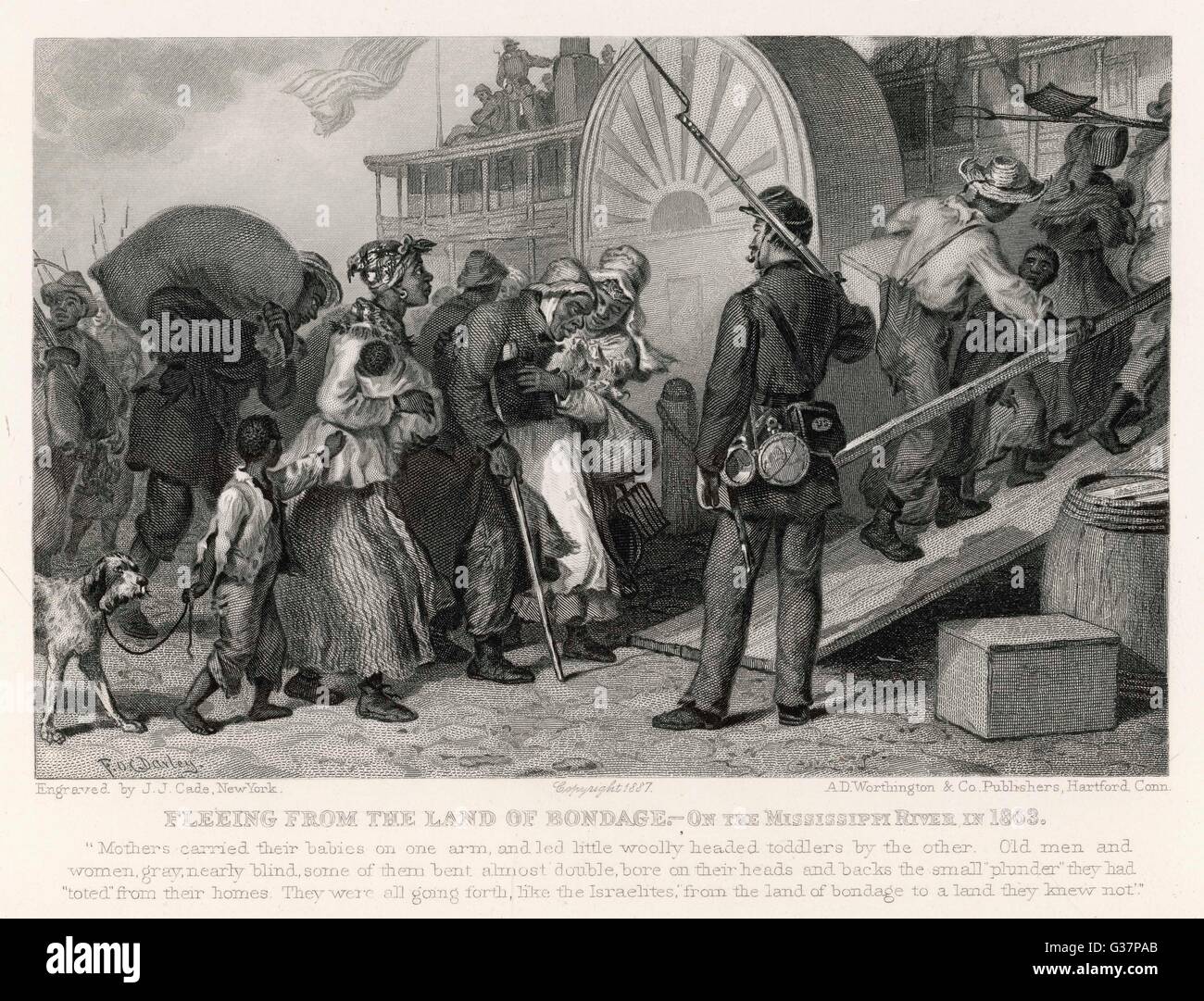 Fugitive slaves from the South are led on board a Mississippi steamboat