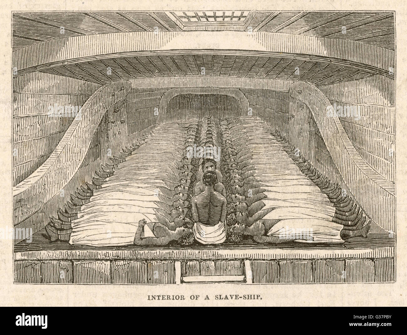 Interior of a slave-ship,  showing how neatly the slaves  were stowed in the hold        Date: 1843 Stock Photo