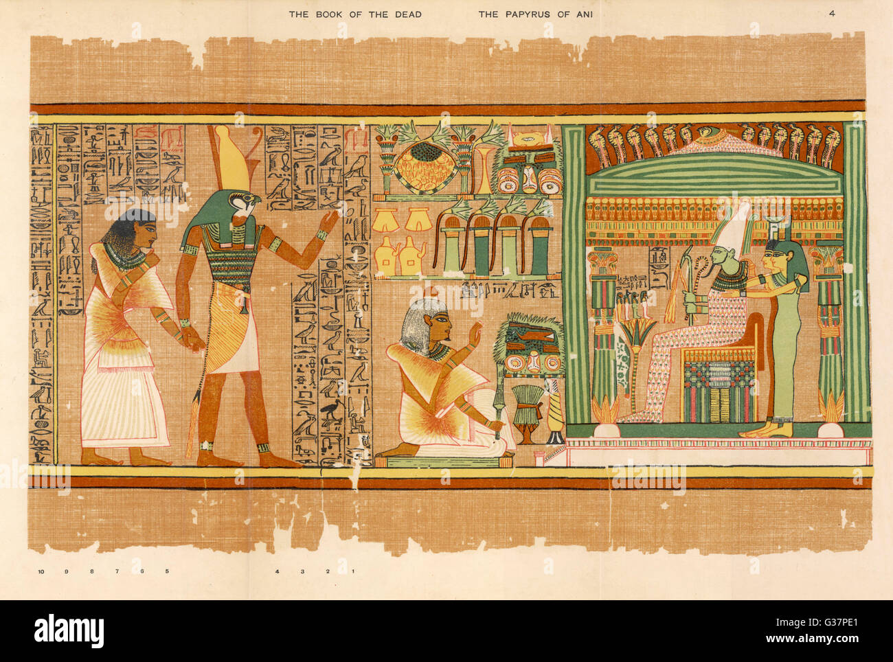 PAPYRUS OF ANI The dead Ani, judged innocent,  is presented by Horus to  Osiris.  He kneels with  whitened hair. Stock Photo