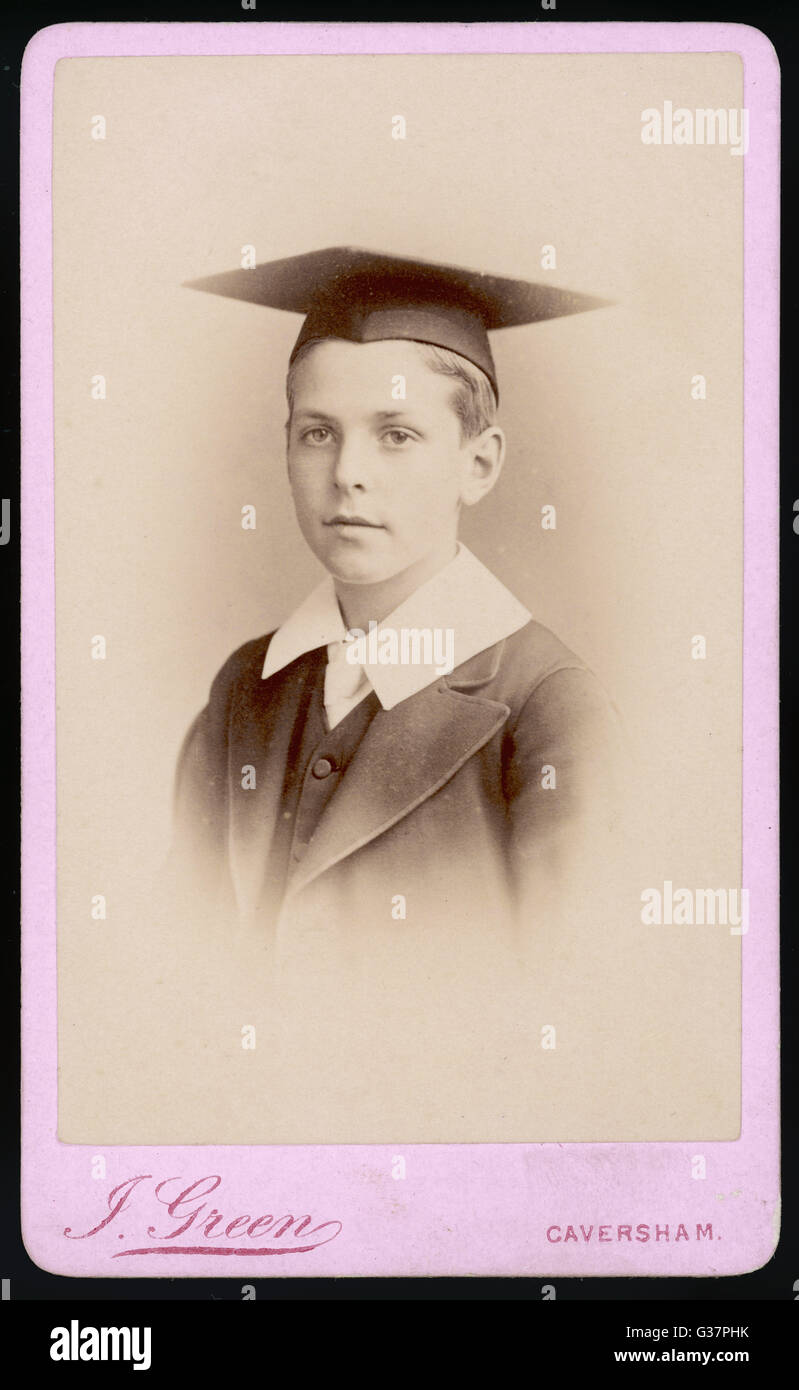 Victorian schoolboy wearing mortarboard Date: Late 19th Century Stock