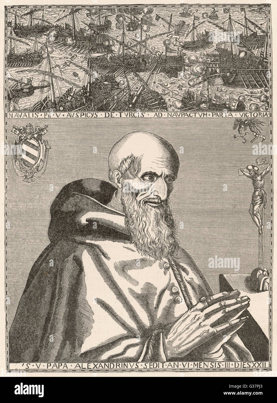 BATTLE OF LEPANTO Pope Pius V prays for victory, thus enabling Don John of Austria to defeat the Turkish fleet Date: 7 October 1571 Stock Photo