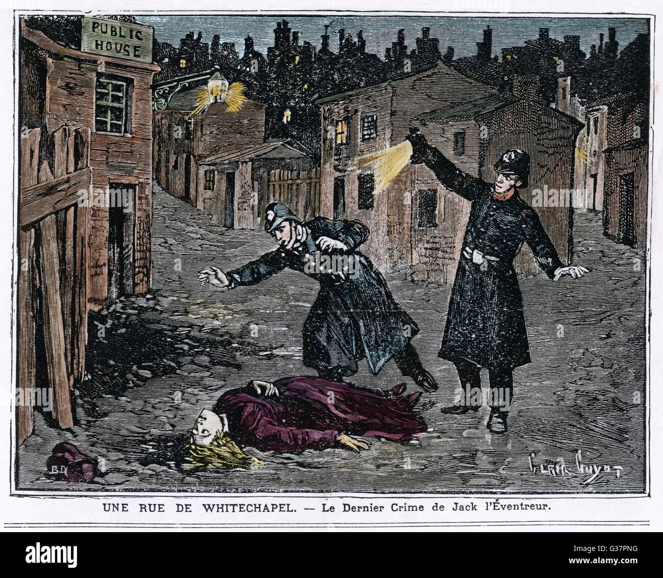 The discovery of one of the  victims of the Whitechapel  murders of Jack the Ripper Stock Photo