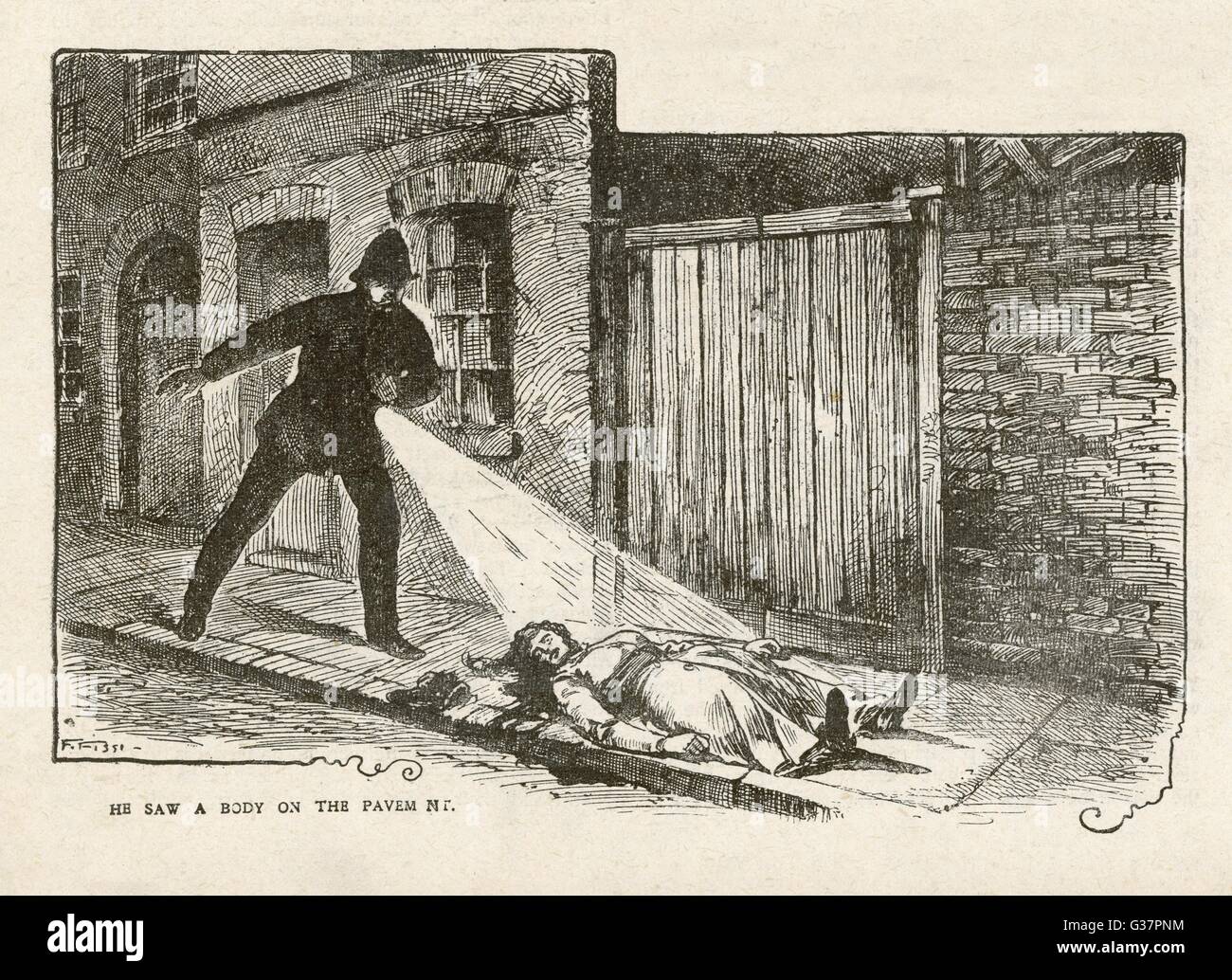 Police Constable Neil finds  the body of MARY ANN NICHOLS  in Buck's Row, Whitechapel, Jack the Ripper victim Stock Photo