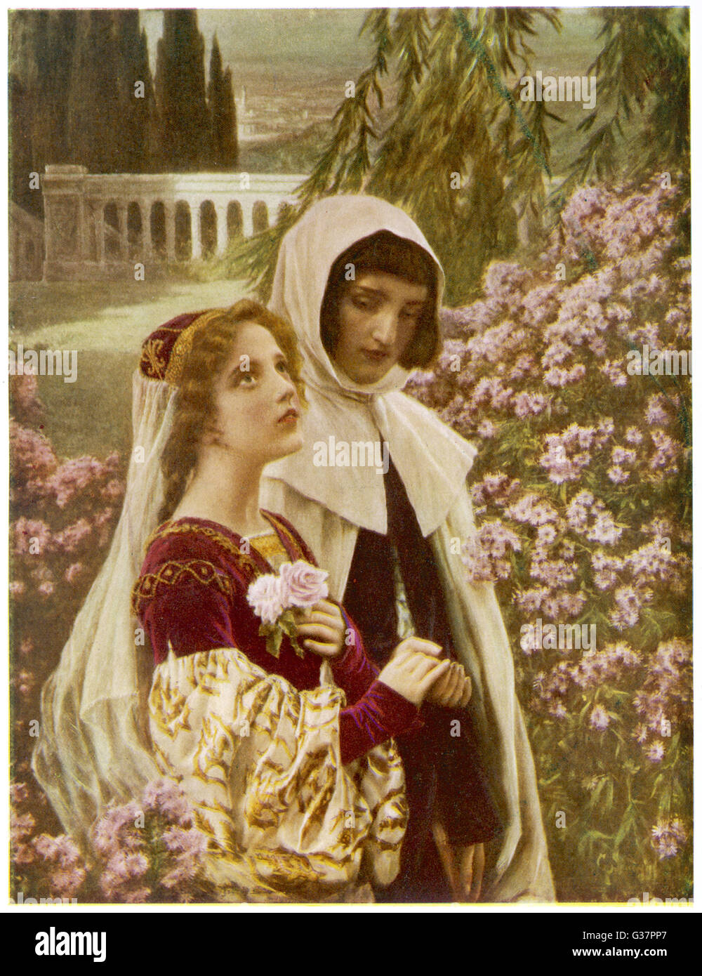 DANTE ALIGHIERI At age 18, he meets his  beloved Beatrice again and  walking with her in the garden  inspires him to write      Date: 1265 - 1321 Stock Photo