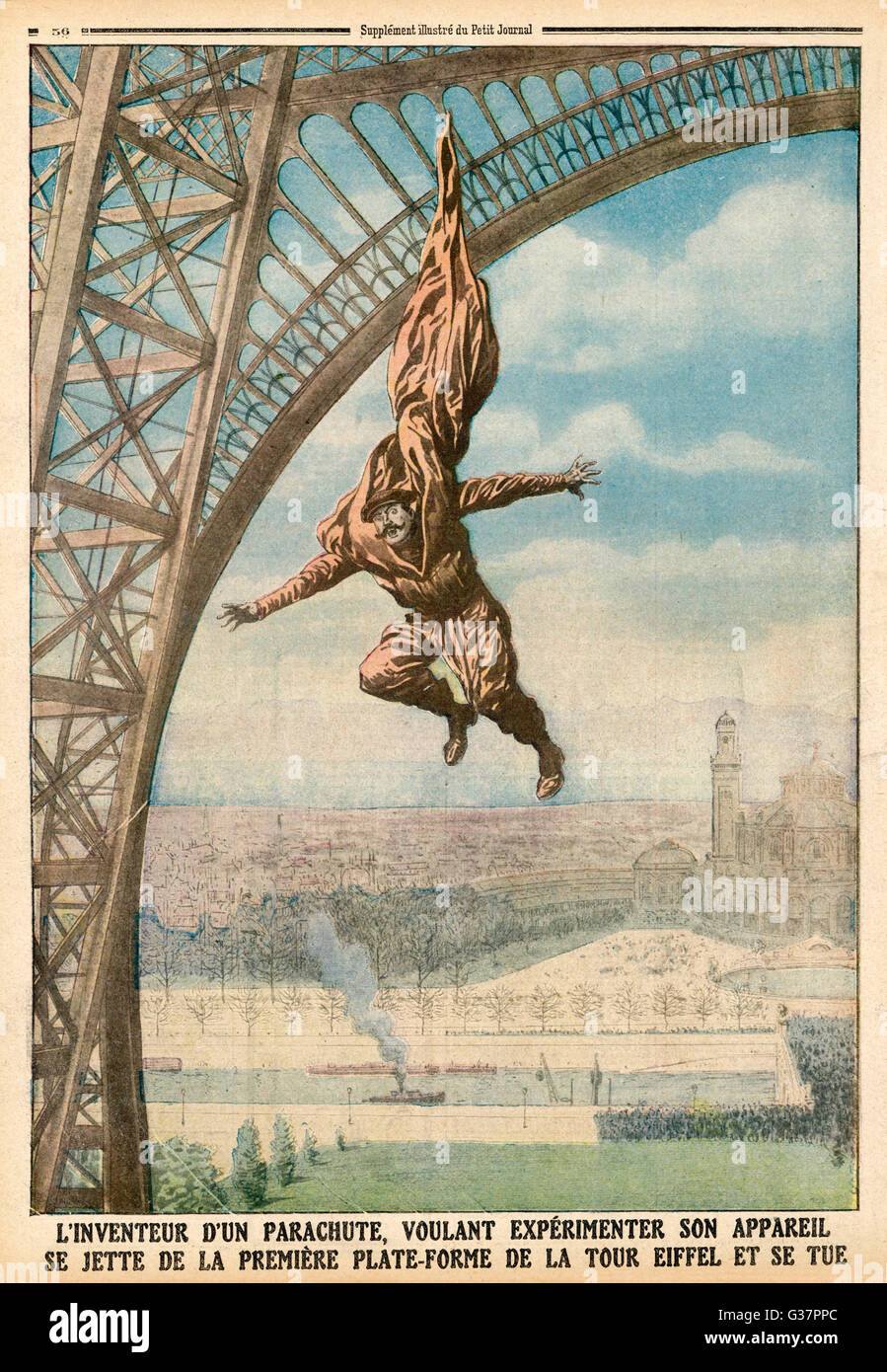 Francois Reichelt tests his  parachute by jumping from the  tower ; unfortunately the test  is unsuccessful...       Date: February 1912 Stock Photo