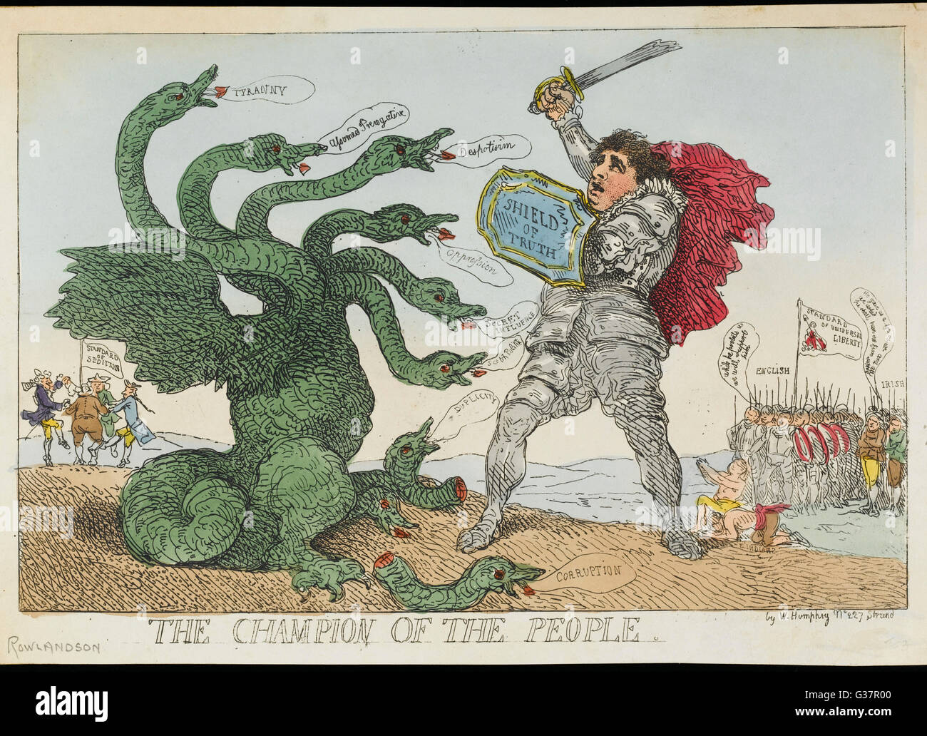 CHARLES JAMES FOX  British statesman caricatured  as St George with the shield  of truth facing the dragon.      Date: 1749 - 1806 Stock Photo