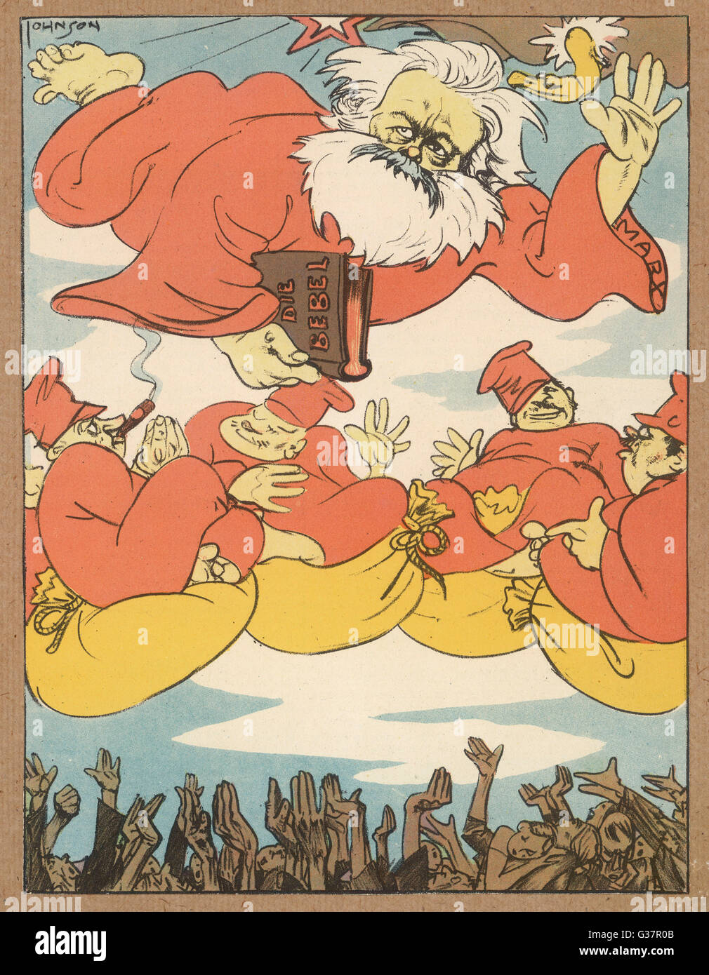 Satire : Marxism is great for  the party leaders but not so  hot for the common people. Marx and some party leaders  fly through the air  above the common people     Date: 1931 Stock Photo