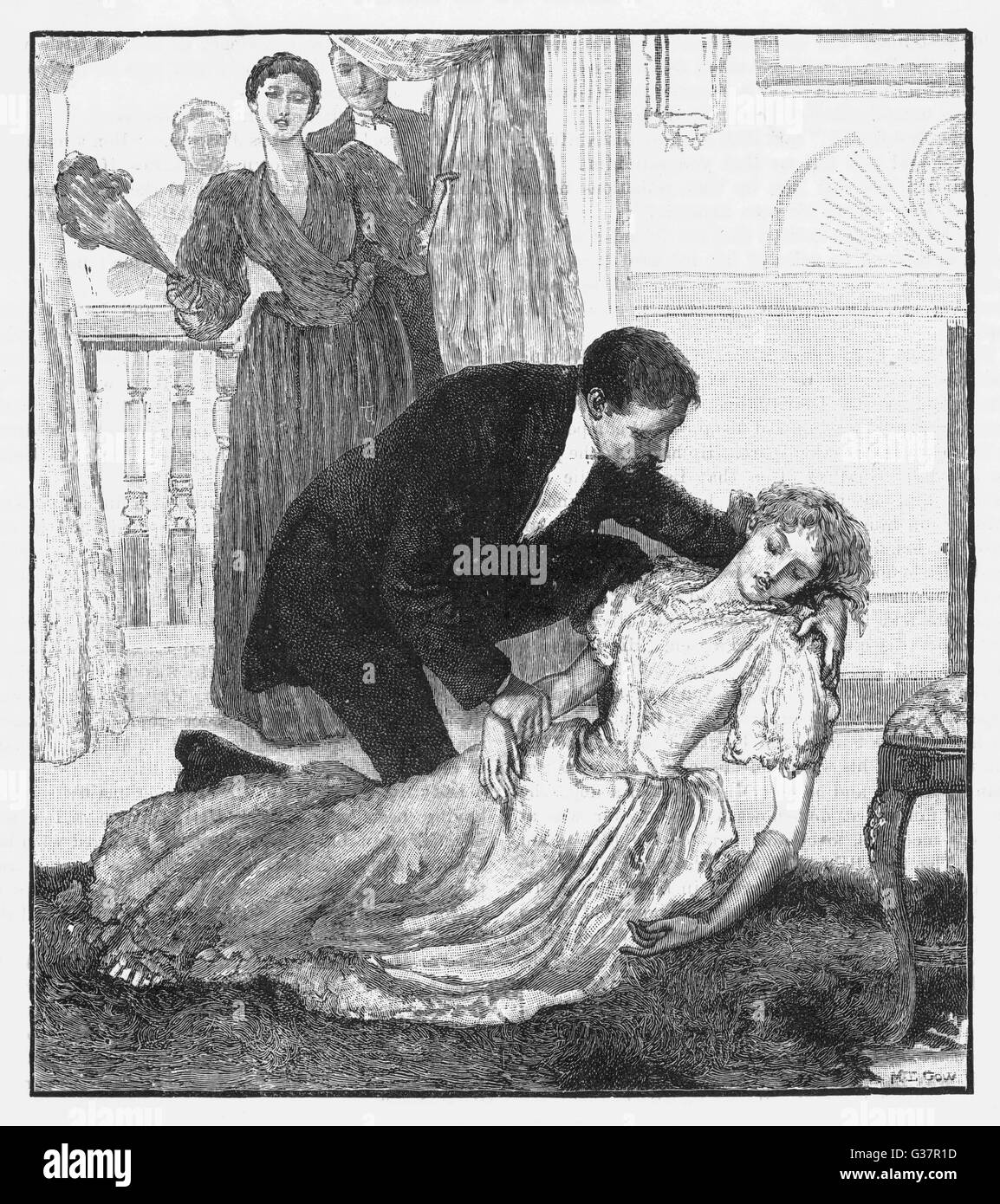 &quot;Found Daisy in a dead faint  on the floor, and Captain  Hallam bending over her.&quot;        Date: 1890 Stock Photo