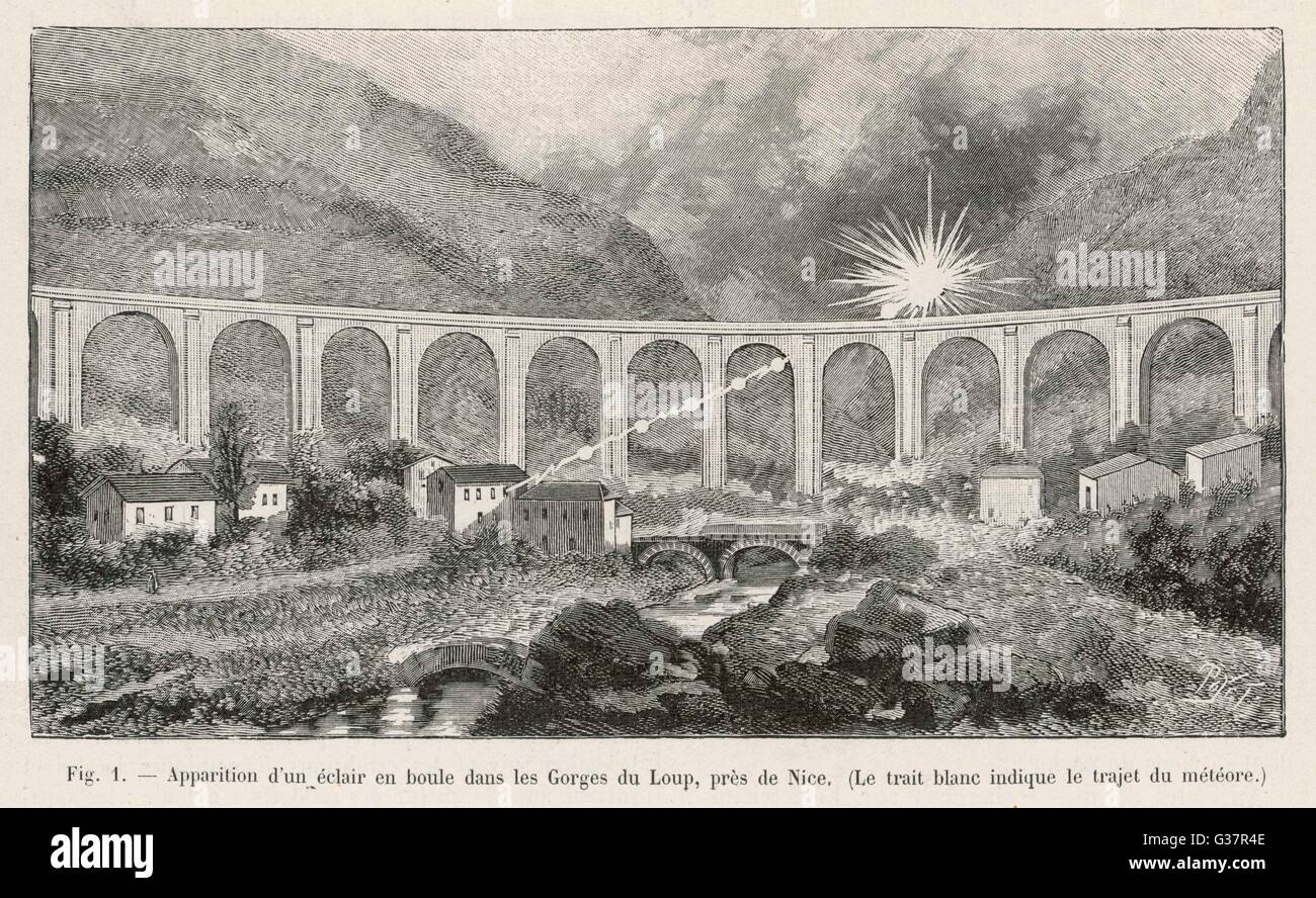 Observation at Gorges du Loup,  near Nice, France, by M. Otto  and three companions ; it  approached the house below a  viaduct (1 of 2 illustrations)     Date: 1890s Stock Photo