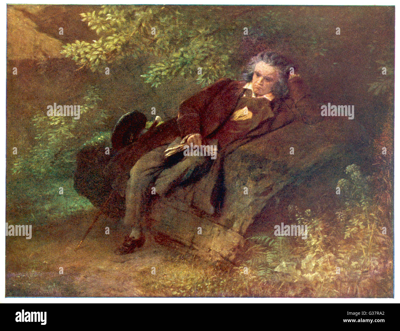 LUDWIG VAN BEETHOVEN  Beethoven sitting in some  woods       Date: 1770 - 1827 Stock Photo