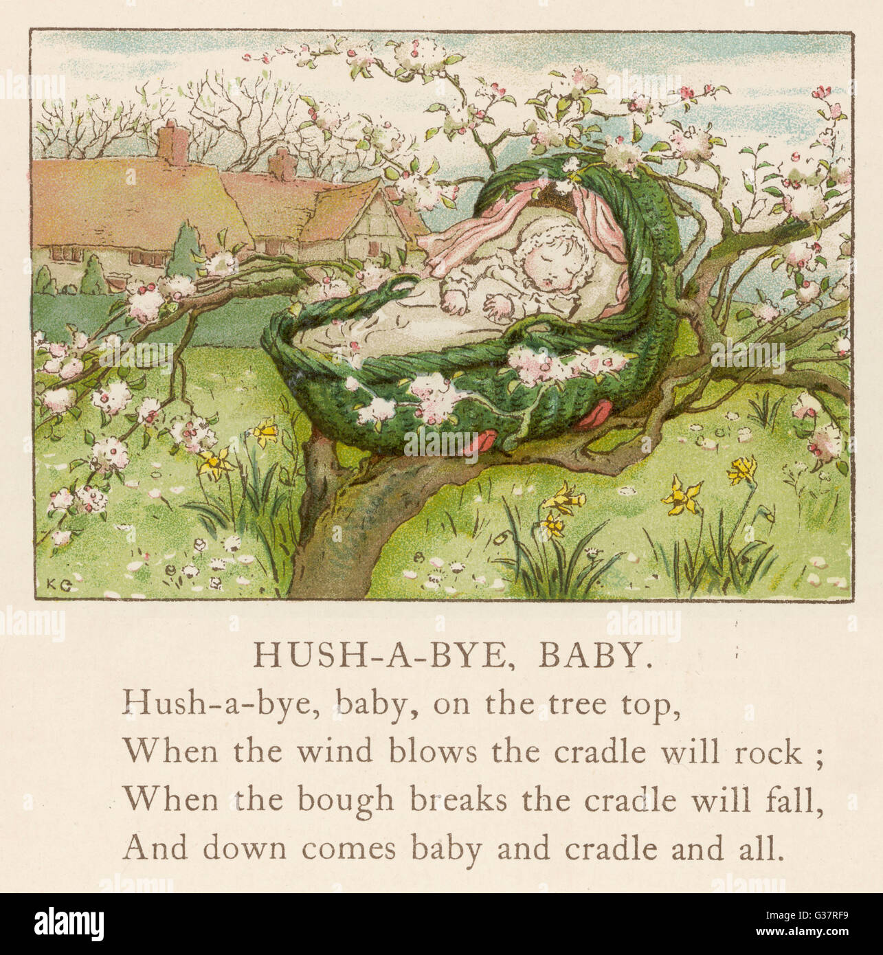 A baby sleeps in its cradle  among the apple blossom,  unaware of the danger that at  any moment the bough may  break, in which case down will  go cradle and baby and all.     Date: 1900 Stock Photo