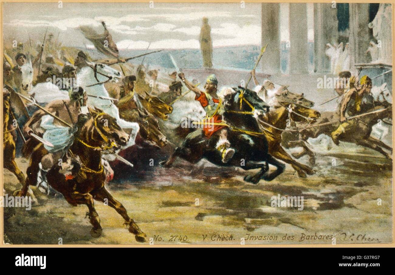 THE FALL OF ROME Alaric's Visigoths ride  exuberantly into Rome        Date: 410 Stock Photo