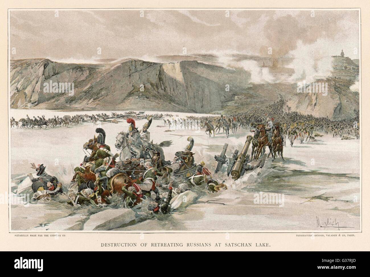 BATTLE OF AUSTERLITZ Russians retreat across the  frozen lake Satschan but  Napoleon's cannons shatter the  ice and 4000 are drowned      Date: 2 December 1805 Stock Photo