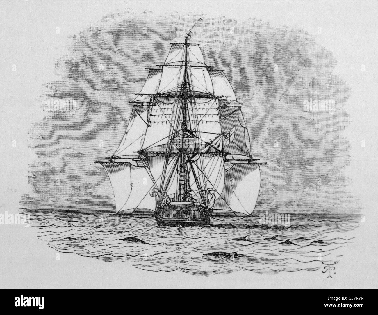 HMS Beagle among porpoises  Charles Darwin's research ship        Date: 1836 Stock Photo