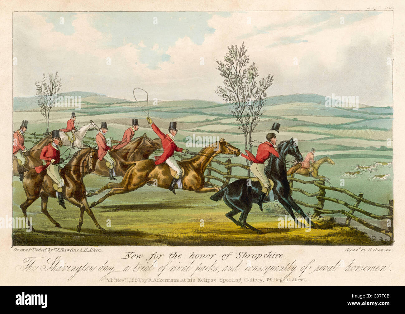 SHAVINGTON DAY A trial between rival packs  and horsemen. Participating is  the eccentric Shropshire  Squire of Halston John Mytton  (1796-1834).     Date: 1820s Stock Photo