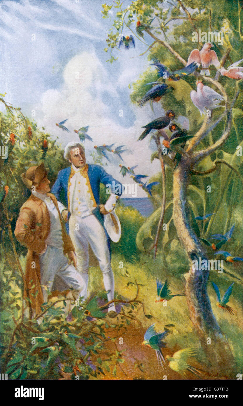 Cook and Banks admire the  flora and fauna of Botany Bay,  Australia        Date: 28 April 1770 Stock Photo