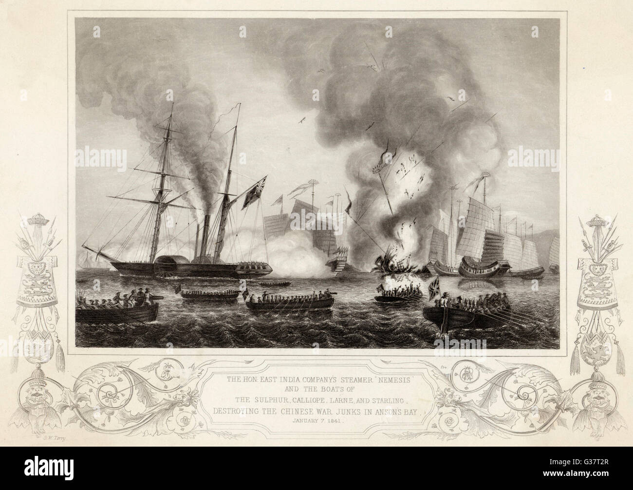 War junks destroyed in Anson's  Bay.        Date: 7 January 1841 Stock Photo