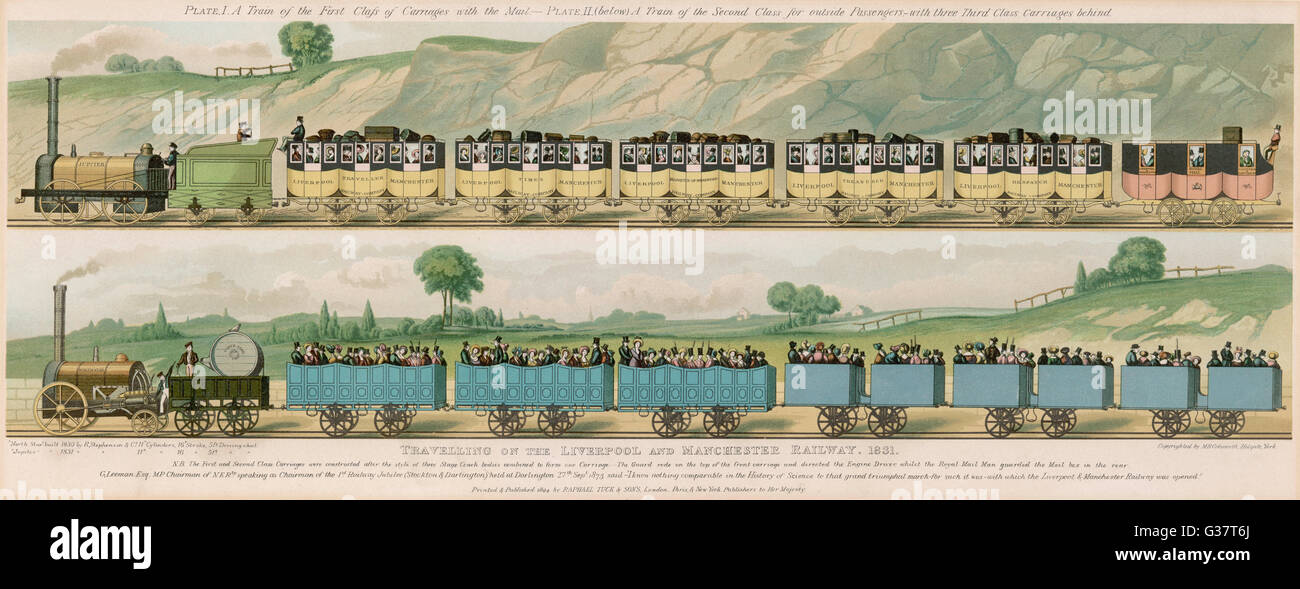 LIVERPOOL TO MANCHESTER RAILWAY Two passenger trains with 1st class carriages for the well- to do, open wagons for the  lower classes and fresh-air  fiends (3rd class)     Date: 1831 Stock Photo