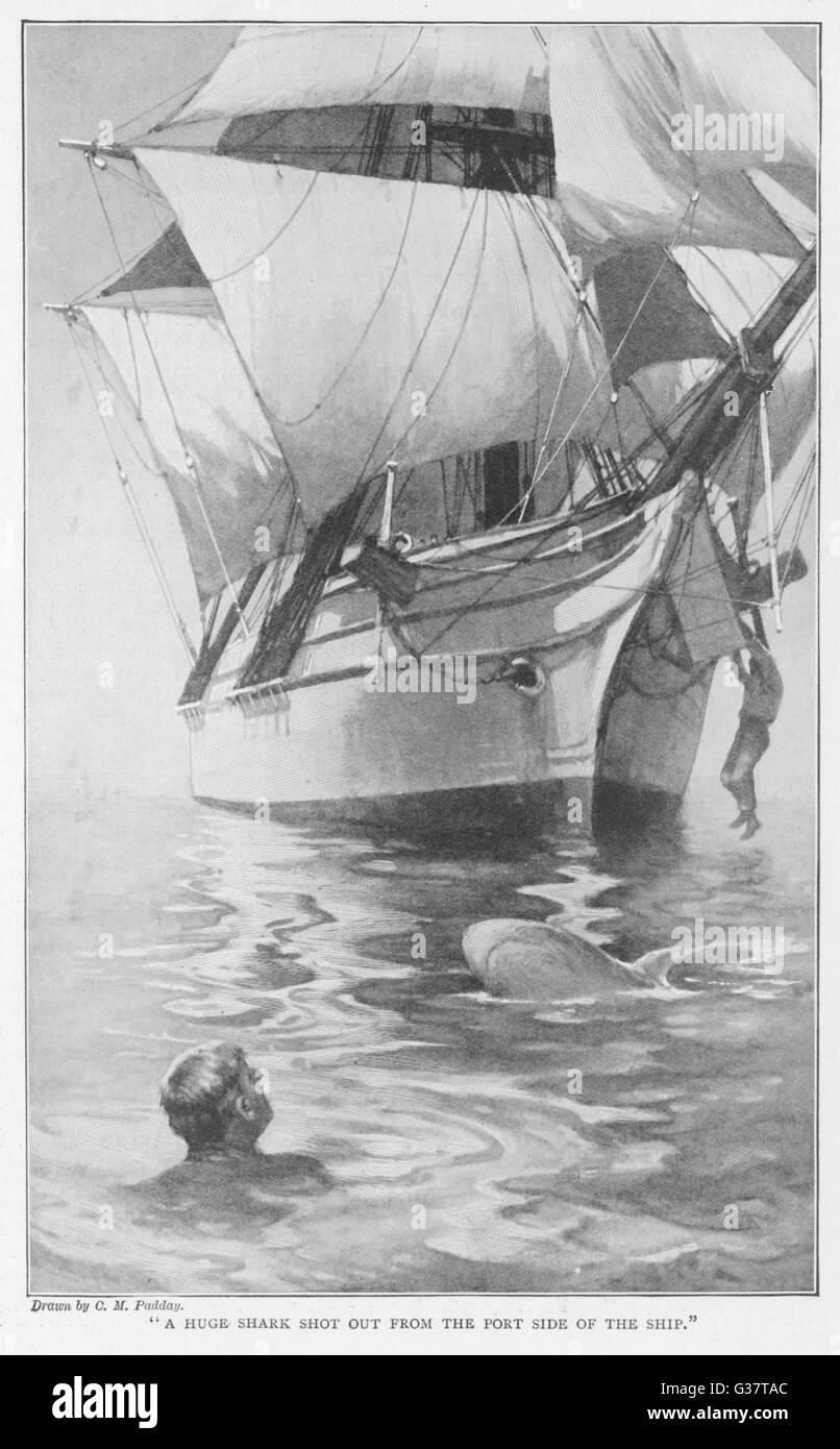 ABEL FOSDYK'S STORY All the crew, except Fosdyk,  are eaten by sharks : he  survives on drifting wreckage  of the fallen 'quarter-deck'  (almost certainly a hoax)     Date: 24 November 1872 Stock Photo