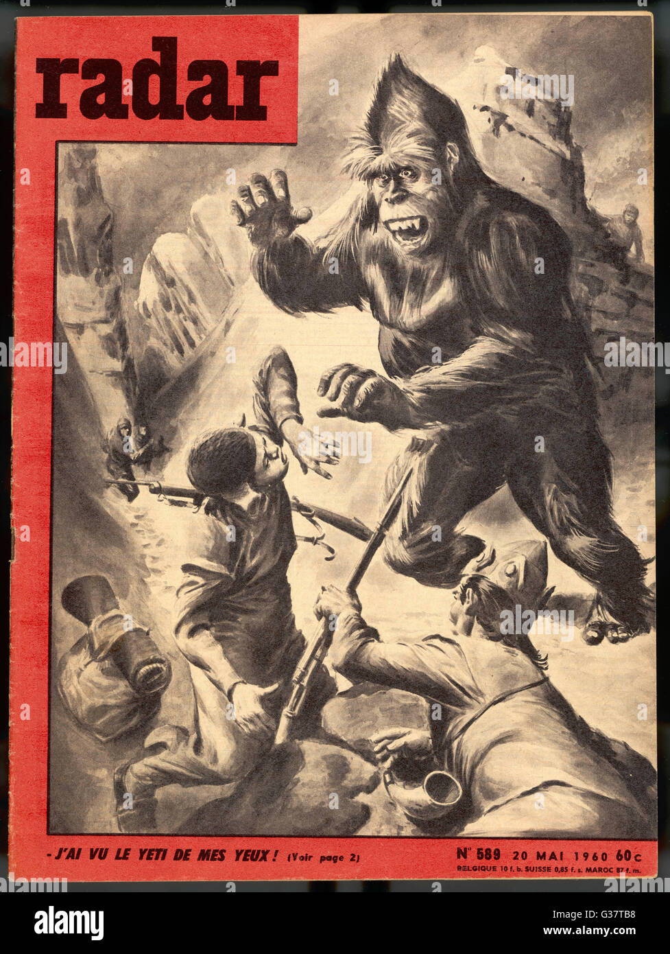 Tibetan refugees, fleeing into  Nepal, encounter a yeti, but  he is more frightened by them  than they of him       Date: May 1960 Stock Photo