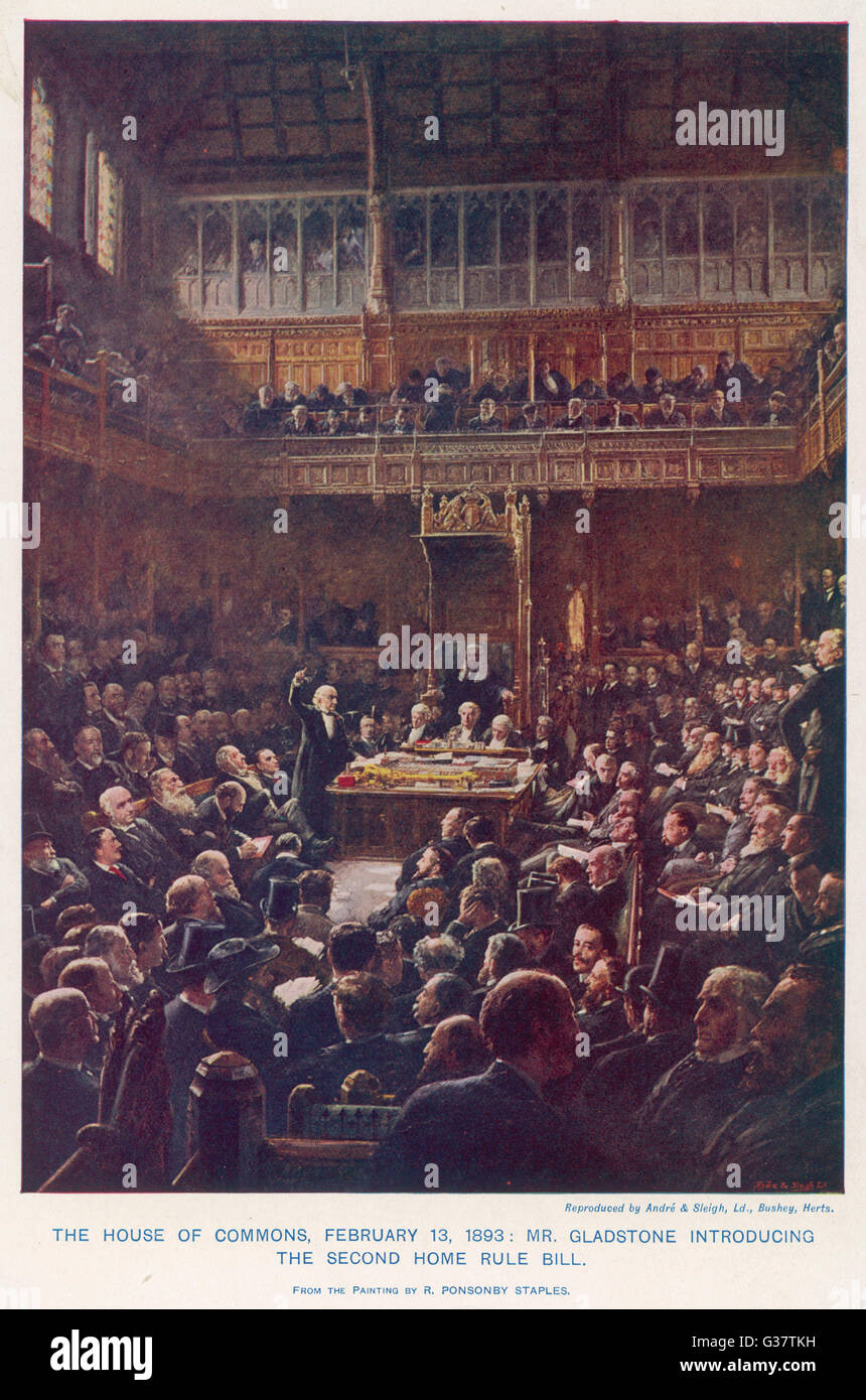 The House of Commons,  February 13 1893. William  Gladstone, Liberal Prime  Minister, introduces the  Second Home Rule Bill      Date: 13 February 1893 Stock Photo
