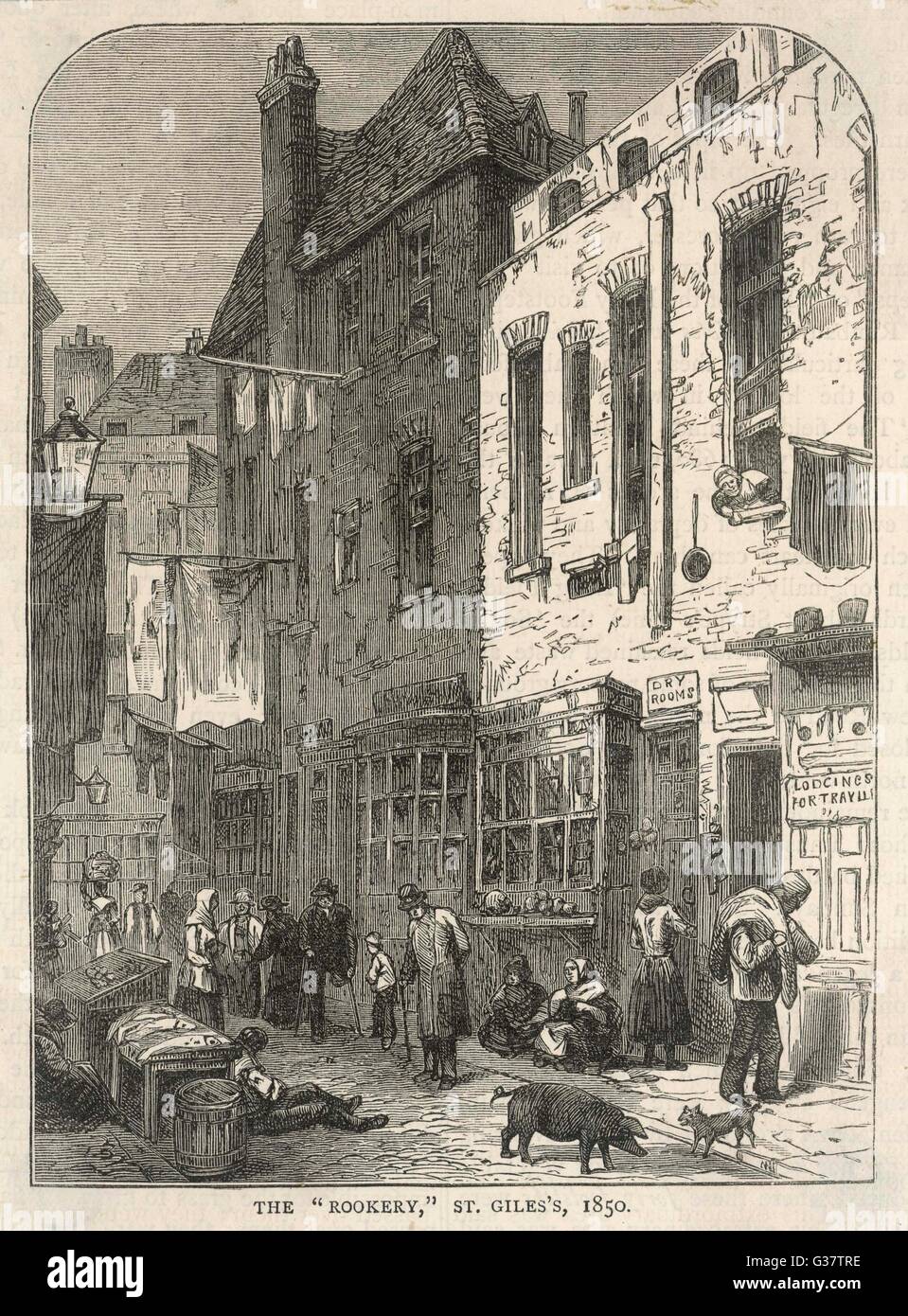 A notorious London slum -  the 'Rookery' of St Giles,  near Seven Dials, where even  the police were at risk       Date: circa 1850 Stock Photo