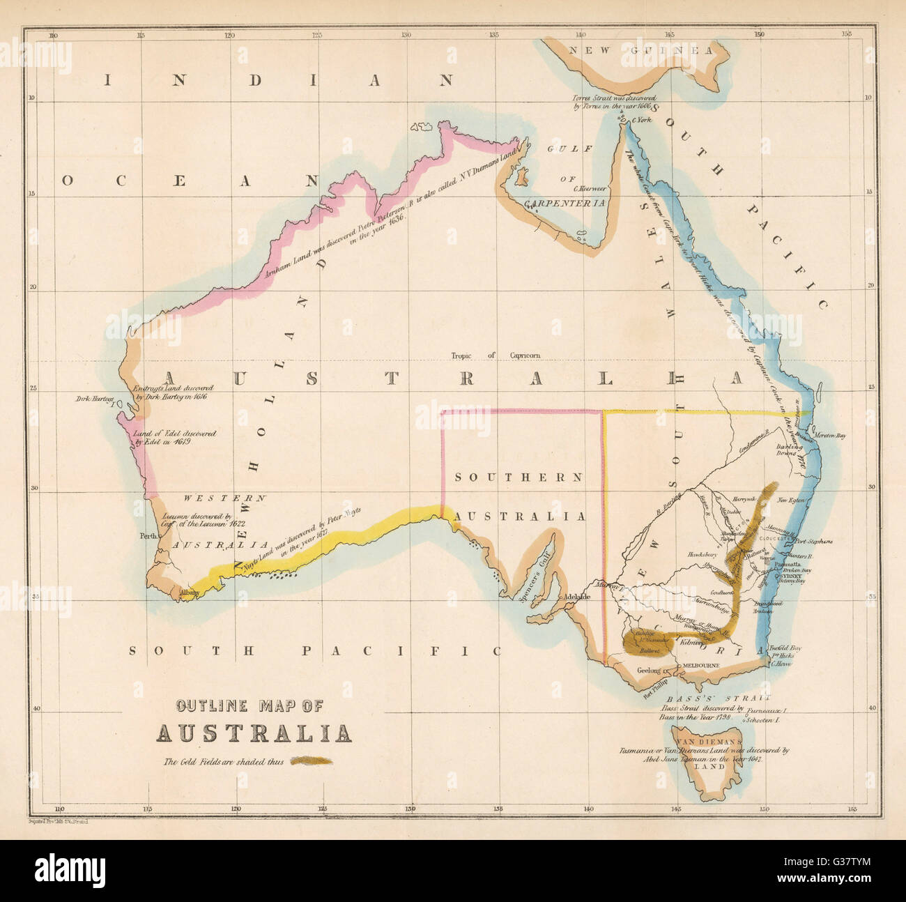 Map showing the location of the GOLDFIELDS, so presumably made fairly soon  after the start of the Australian Gold Rush in 1851 Date: 1850s Stock Photo  - Alamy