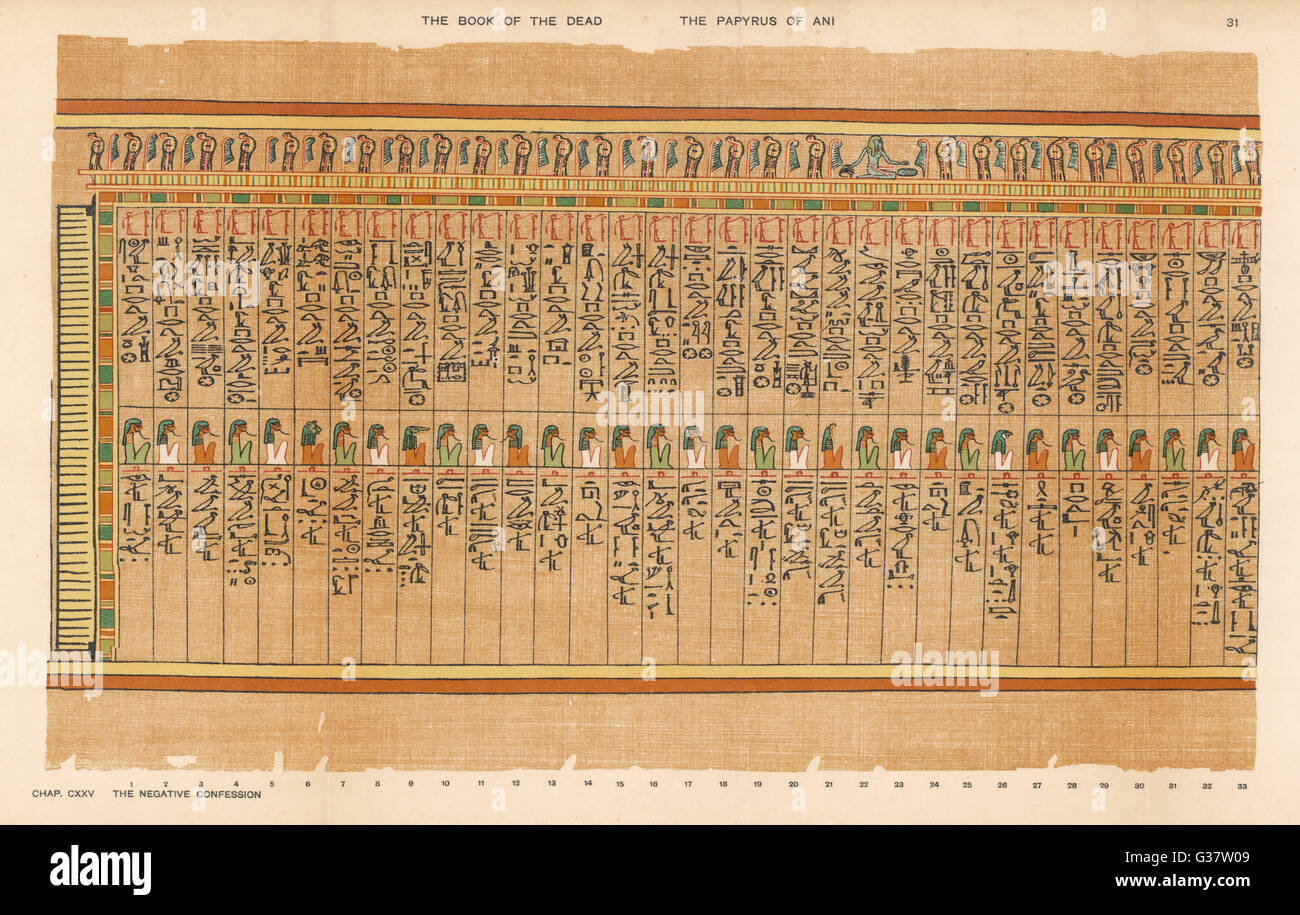 The Hail of the Two-fold Maat  decorated with uraei and  feathers symbolical of the  Law.  Within are the 42 judges  of the dead, 33 shown here. Stock Photo