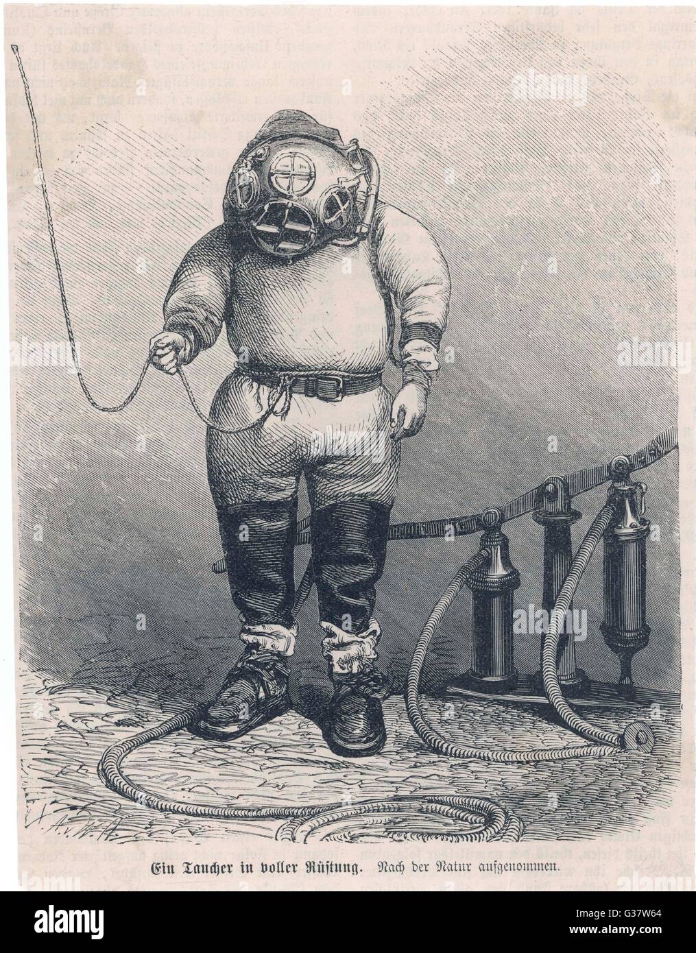 German diver with breathing  apparatus and line.         Date: circa 1870 Stock Photo