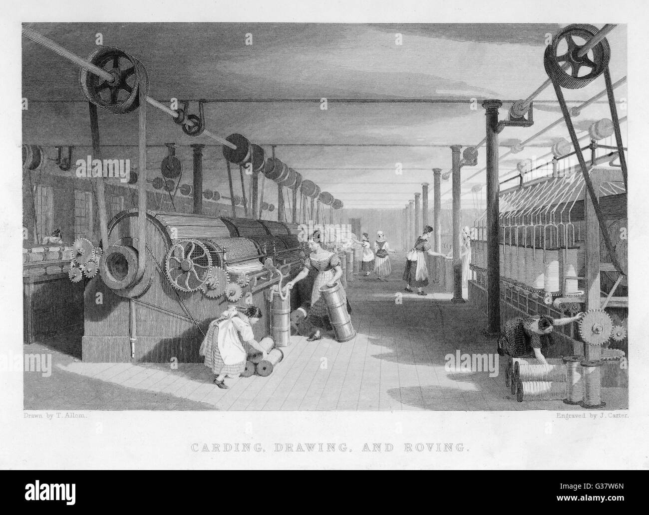 Interior of cotton mill: girls and women tend carding, drawing and roving machinery.       Date: 1835 Stock Photo