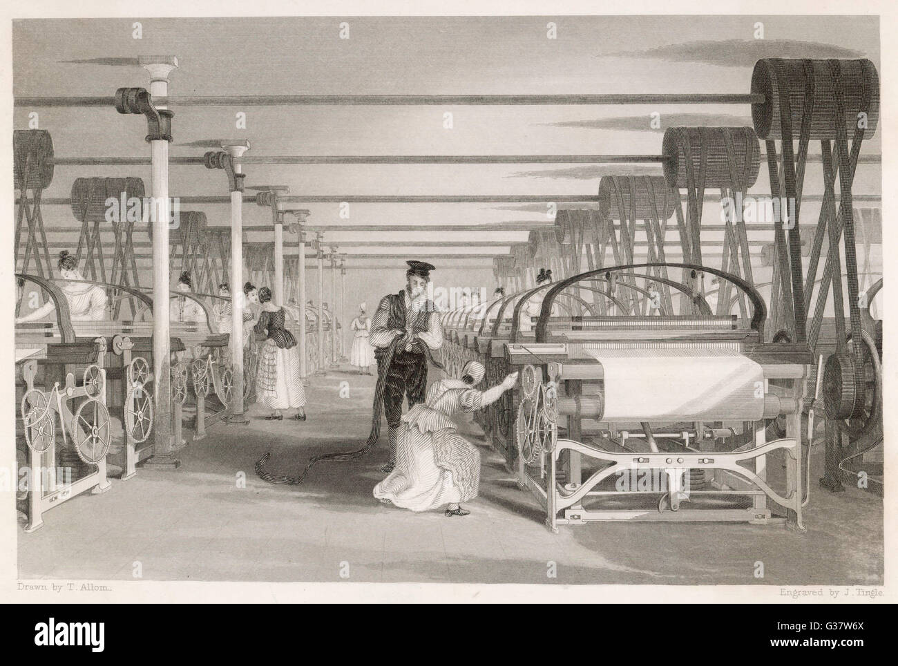 Interior of cotton mill: power loom weaving. Man and woman tend machine.       Date: 1835 Stock Photo