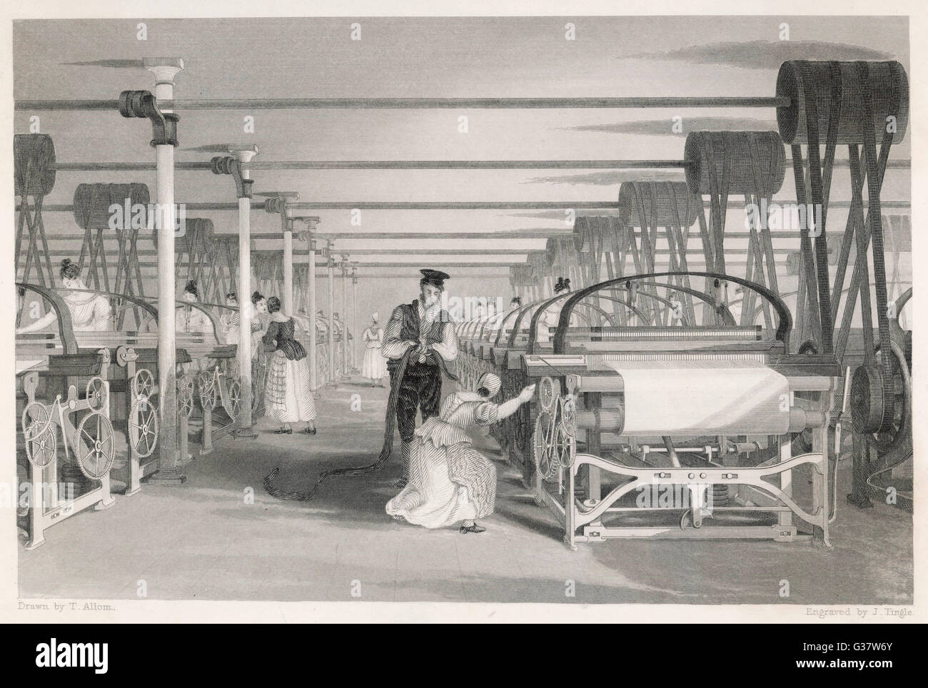 Interior of cotton mill in Lancashire power loom weaving man and