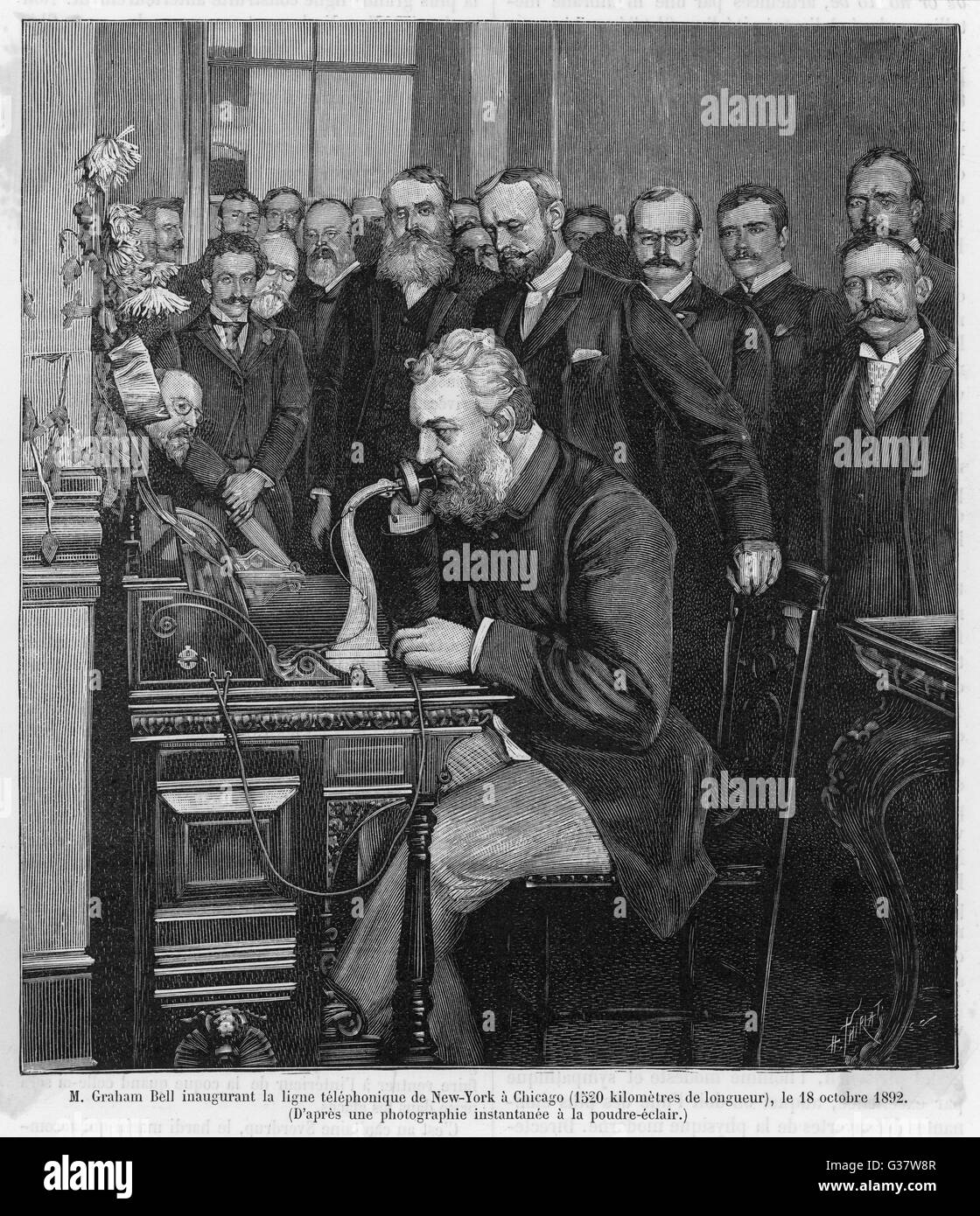 ALEXANDER GRAHAM BELL  American inventor and educator  inaugurates the New York- Chicago telephone on October  18th 1892     Date: 1847 - 1922 Stock Photo